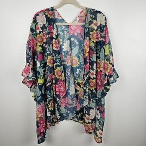 Umgee Floral Semi-Sheer Open Front Kimono, size Medium